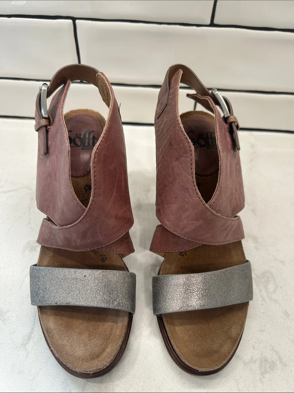 Sofft Christine Women 6 Leather Slingback Heel Platform Sandals Gray
